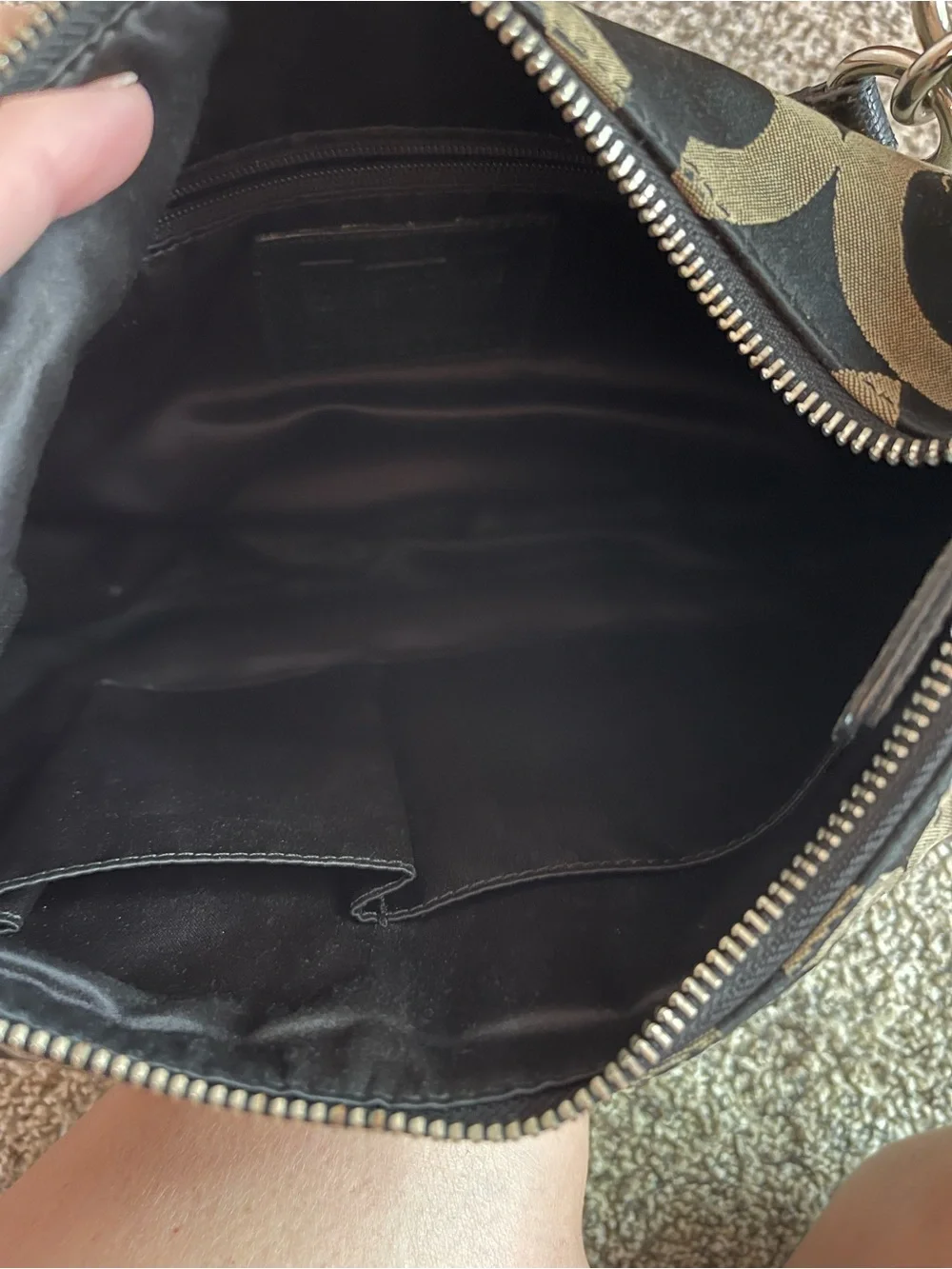 Vintage Coach Black and Tan Signature Circle-Print Hobo with silver lock clasp